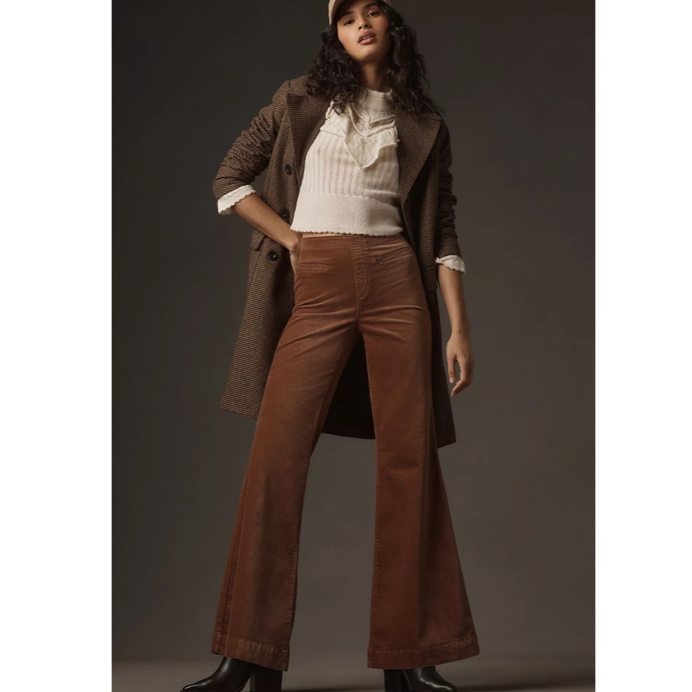 Anthropologie Pilcro Velvet Pull-On Mid-Rise Retro Flare Jeans Brown Petite Size